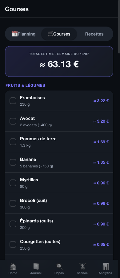 Liste de courses NexusFit : total estimé de la semaine et articles par rayon avec prix