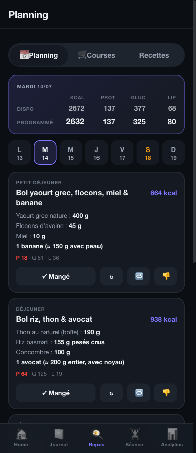 Planning repas NexusFit : journée calibrée au gramme avec objectif et total programmé
